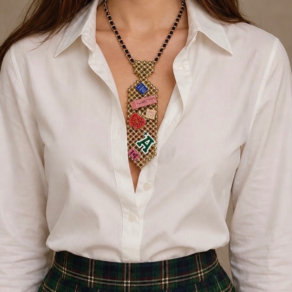 Betsey Johnson Back to School Charm Beaded Tie Necklace Gold Tone MultiColor NWT